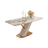 White rectangular marble dining table with gold stainless steel X-base, modern design